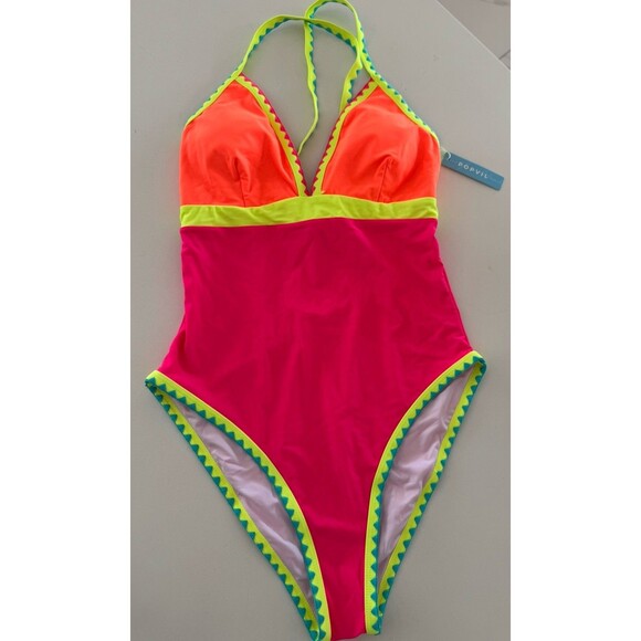 Popvil Neon Color Block One Piece Bathing Suit Women Tummy Control swimsuit L - Picture 4 of 15